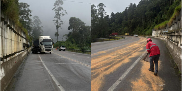 Caminhão se envolve em acidente e vazamento de óleo em grande escala é registrado na Serra de Corupá