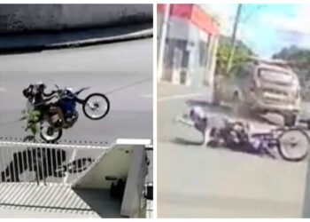 [Vídeo] Motociclista empina moto, tenta fugir, mas acaba batendo em viatura da PM em Jaraguá do Sul
