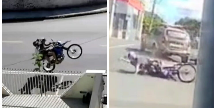 [Vídeo] Motociclista empina moto, tenta fugir, mas acaba batendo em viatura da PM em Jaraguá do Sul
