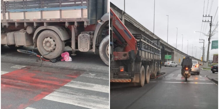 Bicicleta fica embaixo de roda de caminhão em Guaramirim