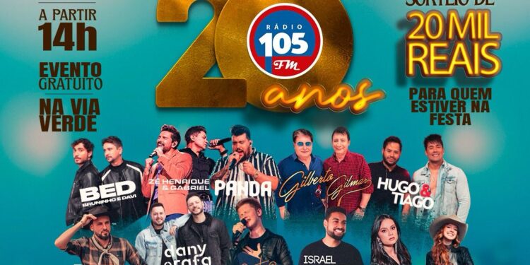 Rádio 105 FM comemora 20 anos com shows gratuitos na Via Verde; confira os detalhes