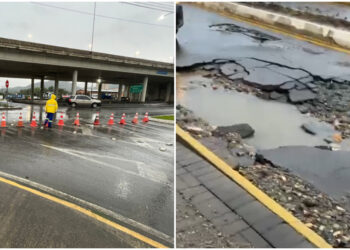 Rompimento de rede interrompe trânsito na Rua João Butschardt, em Guaramirim