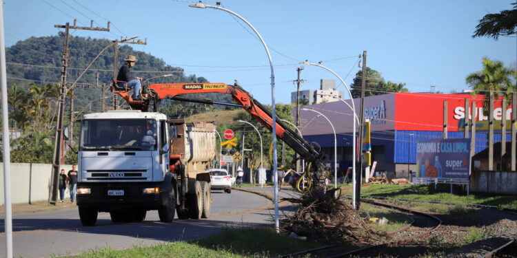 Mais de uma tonelada de materiais são retirados ao longo da linha férrea em Jaraguá do Sul
