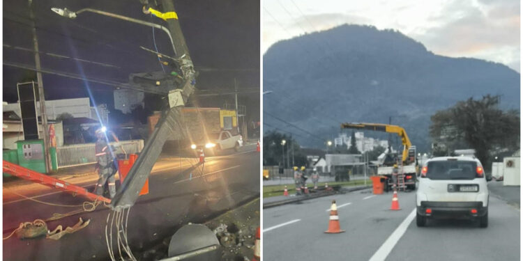 [Vídeo] Caminhão bate contra poste e deixa 300 residências sem energia em Jaraguá do Sul