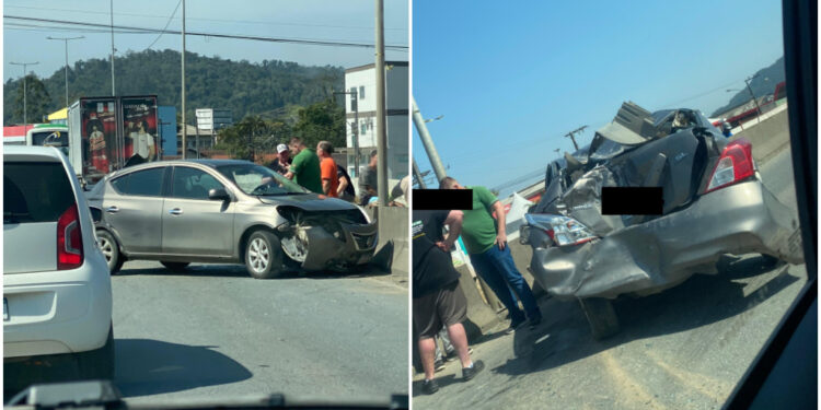 [Fotos e vídeo] Carro e caminhão se envolvem em acidente na BR-280, em Guaramirim