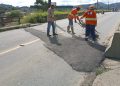 Reparo emergencial é feito na cabeceira do viaduto da BR-280, em Guaramirim