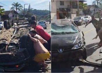 [Vídeo] Carro capota após bater em outro em Jaraguá do Sul