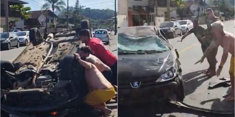 [Vídeo] Carro capota após bater em outro em Jaraguá do Sul