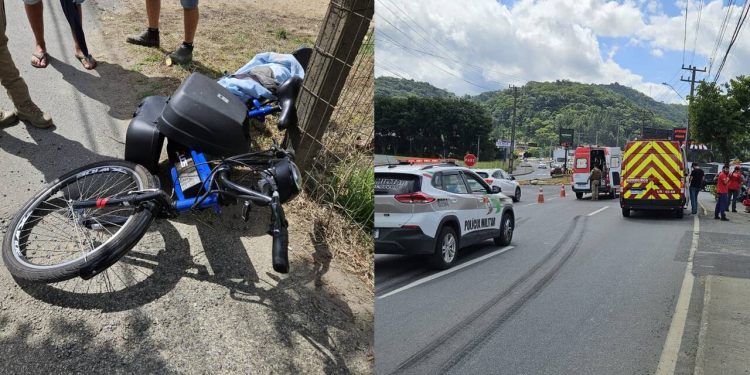 Idoso fica ferido após colisão entre caminhão e bicicleta elétrica em Jaraguá do Sul