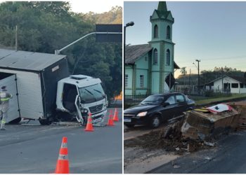 [Vídeo] Caminhão colide contra canteiro na Rodovia do Arroz, em Guaramirim