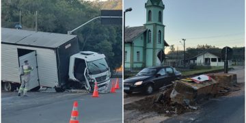 [Vídeo] Caminhão colide contra canteiro na Rodovia do Arroz, em Guaramirim