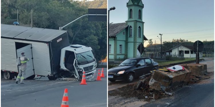 [Vídeo] Caminhão colide contra canteiro na Rodovia do Arroz, em Guaramirim