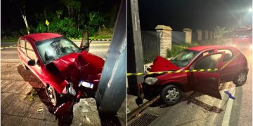 Motorista fica ferido após carro bater contra poste em Schroeder