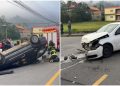 [Vídeo] Carro capota após colisão entre dois veículos na Barra do Rio Cerro, em Jaraguá do Sul