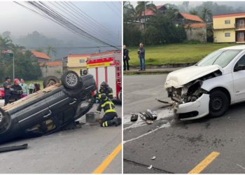 [Vídeo] Carro capota após colisão entre dois veículos na Barra do Rio Cerro, em Jaraguá do Sul