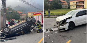[Vídeo] Carro capota após colisão entre dois veículos na Barra do Rio Cerro, em Jaraguá do Sul