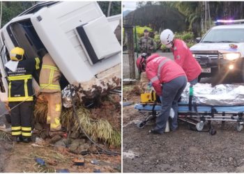 [Fotos] Caminhão sai da pista em Corupá e motorista fica ferido