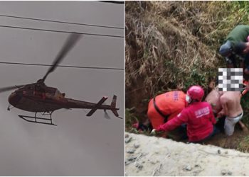 [Vídeo] Motociclista cai em valo e é socorrido com apoio de helicóptero em Massaranduba