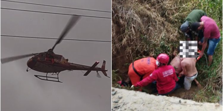 [Vídeo] Motociclista cai em valo e é socorrido com apoio de helicóptero em Massaranduba