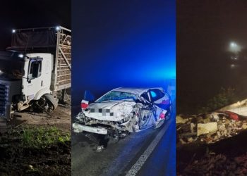 [Fotos] Acidente entre carro e dois caminhões na BR-280 mobiliza bombeiros de Corupá