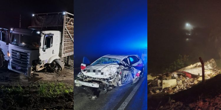 [Fotos] Acidente entre carro e dois caminhões na BR-280 mobiliza bombeiros de Corupá